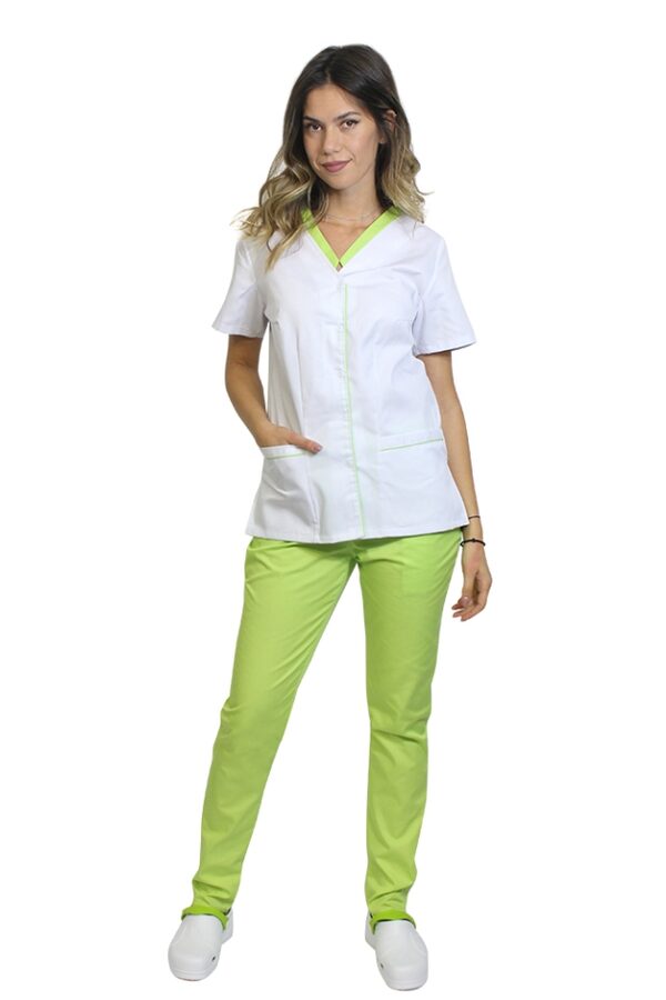 Costum medical cu elastan format din bluza alb cu paspol lime si pantaloni lime cu elastic